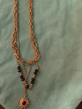 JBloom Gold Layered Sunburst Pendant Necklace with Black Beads